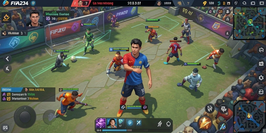 Tampilan gameplay seru dalam FIFA234 dengan aksi MOBA yang memikat.