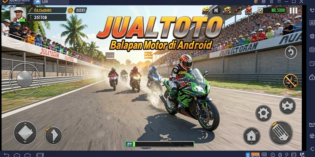 Screenshot gameplay JUALTOTO menampilkan balapan motor yang seru dan cepat.