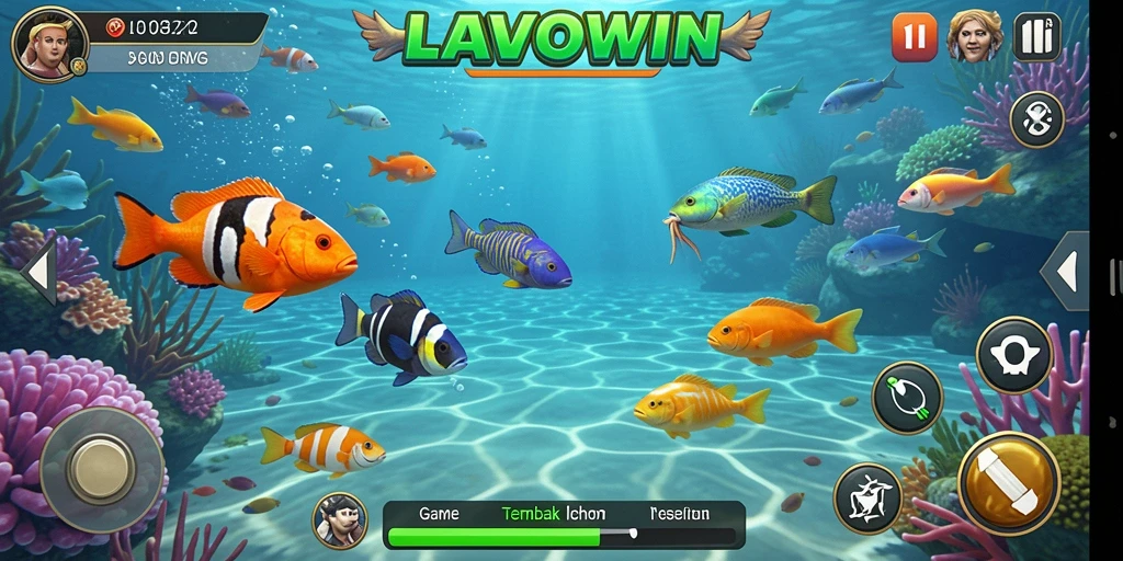Screenshot gameplay LAVOWIN dengan aksi menembak ikan yang seru.