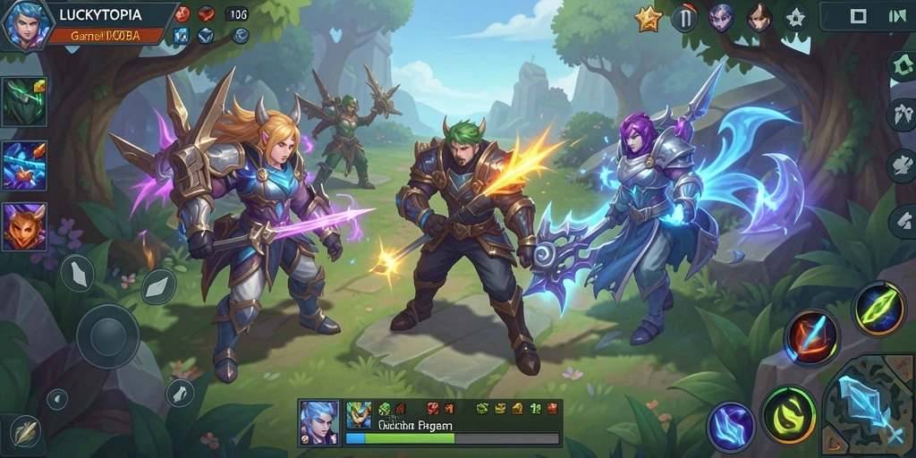 Tampilan gameplay LUCKYTOPIA yang seru dan mendebarkan dalam pertempuran tim.