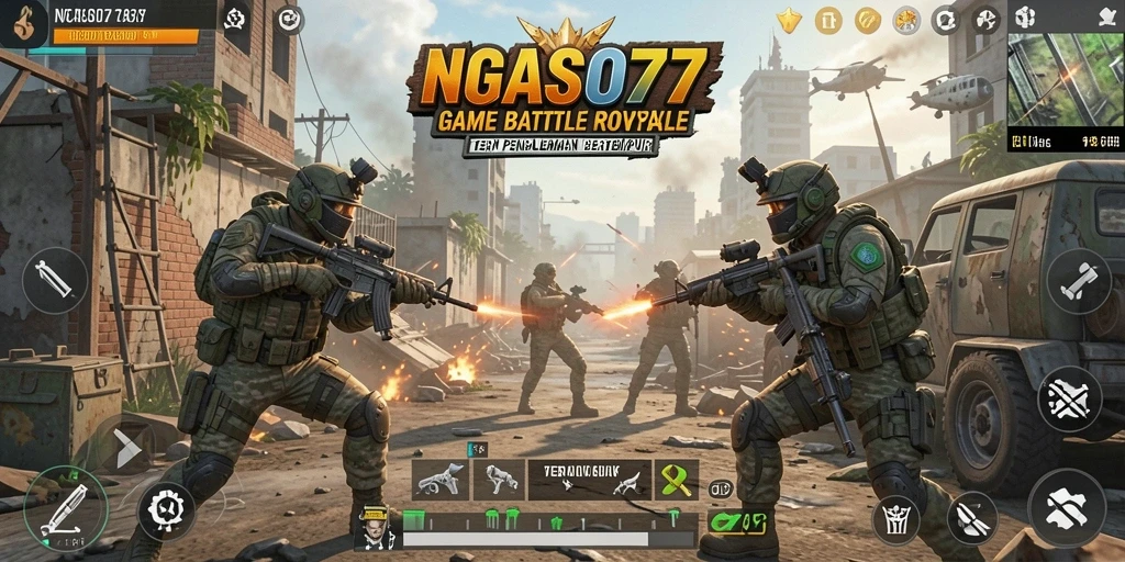 Tangkapan layar gameplay NGASO77 menunjukkan pertempuran intens di arena Battle Royale.