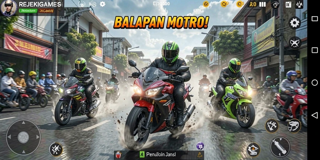 Screenshot gameplay <strong>REJEKIGAMES</strong> menampilkan balapan motor yang intens dan menegangkan.