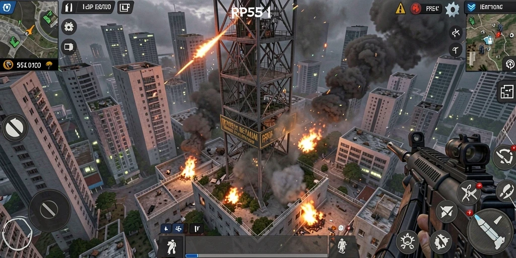 Screenshot gameplay RP55 menampilkan aksi menara mempertahankan dari serangan musuh.