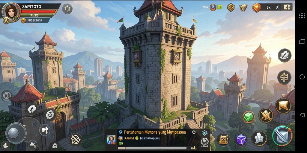 Tangkapan layar gameplay SAPITOTO menampilkan aksi menara pertahanan yang seru.