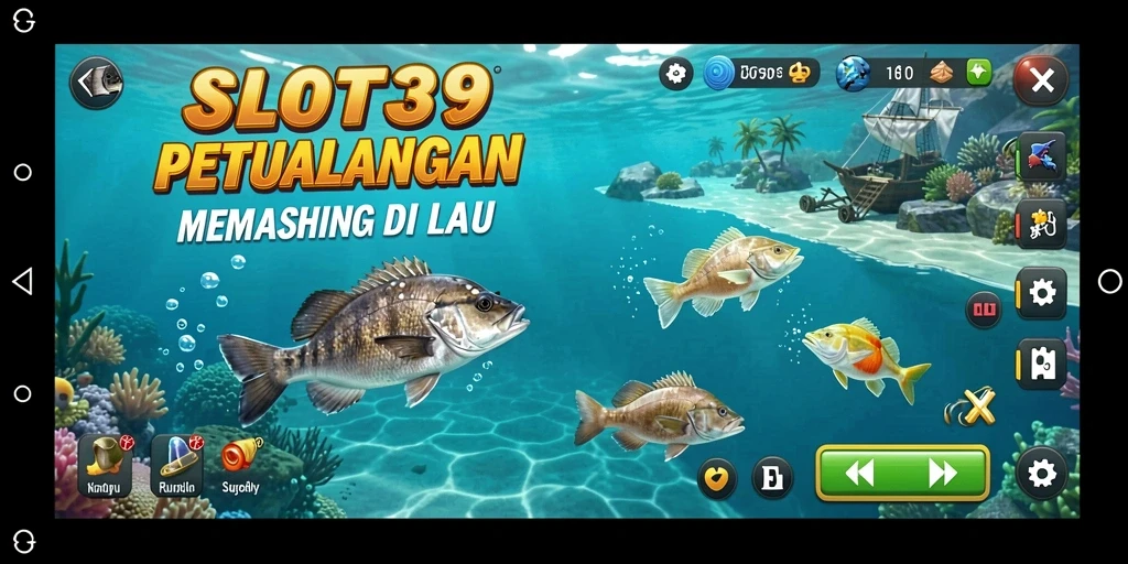 Screenshot SLOT39 menampilkan aksi memancing yang seru di lautan biru.
