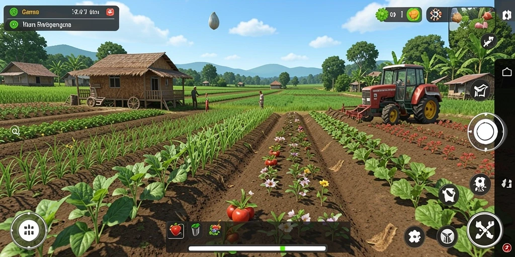Screenshot menunjukkan gameplay seru dalam mengelola pertanian di V89.