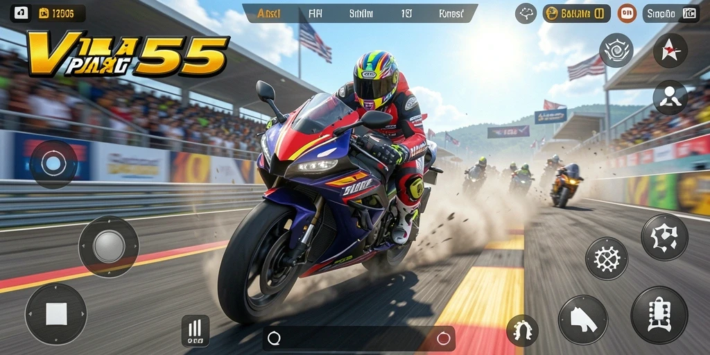 Tampilan gameplay VV55 dengan motor balap yang cepat dan trek menantang.