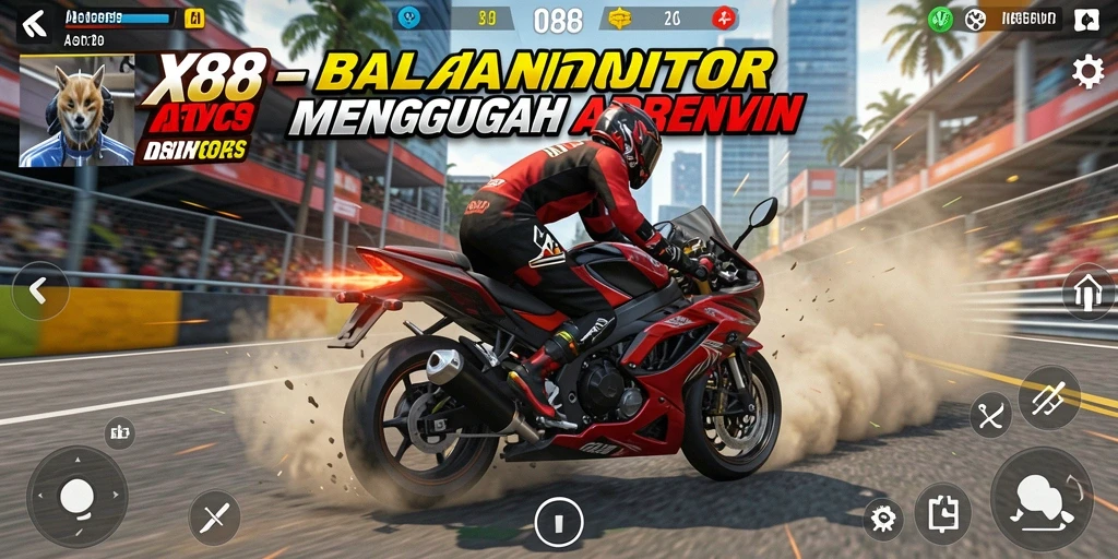 Screenshot X88 menampilkan aksi balapan motor yang mendebarkan.